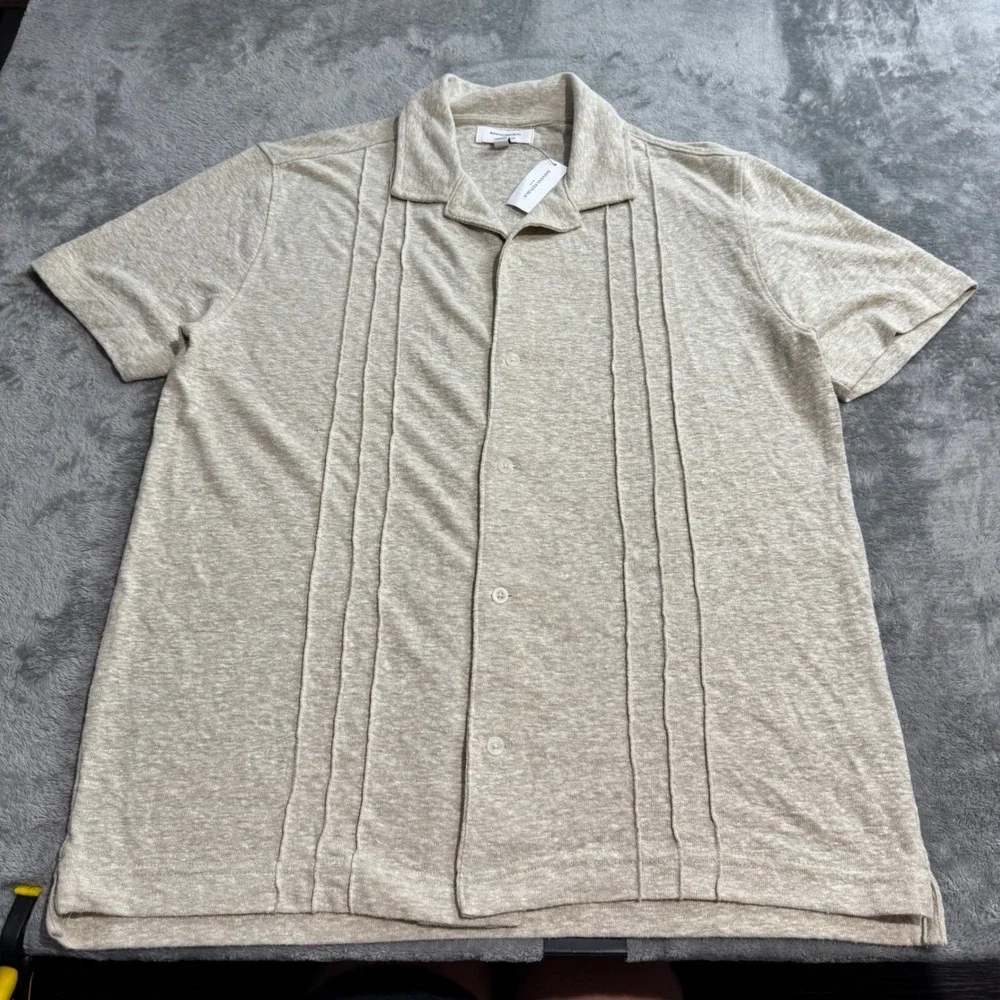Banana Republic Mens Linen Blend Pintuck Camp Shirt Oatmeal Heather Medium NEW